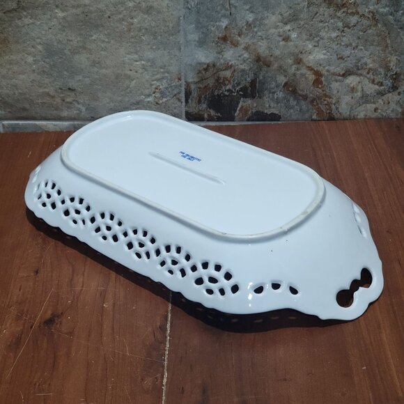 Vintage Cobalt Blue Rim & Pink Rose Porcelain Rectangular Reticulated Scalloped - Picture 7 of 11